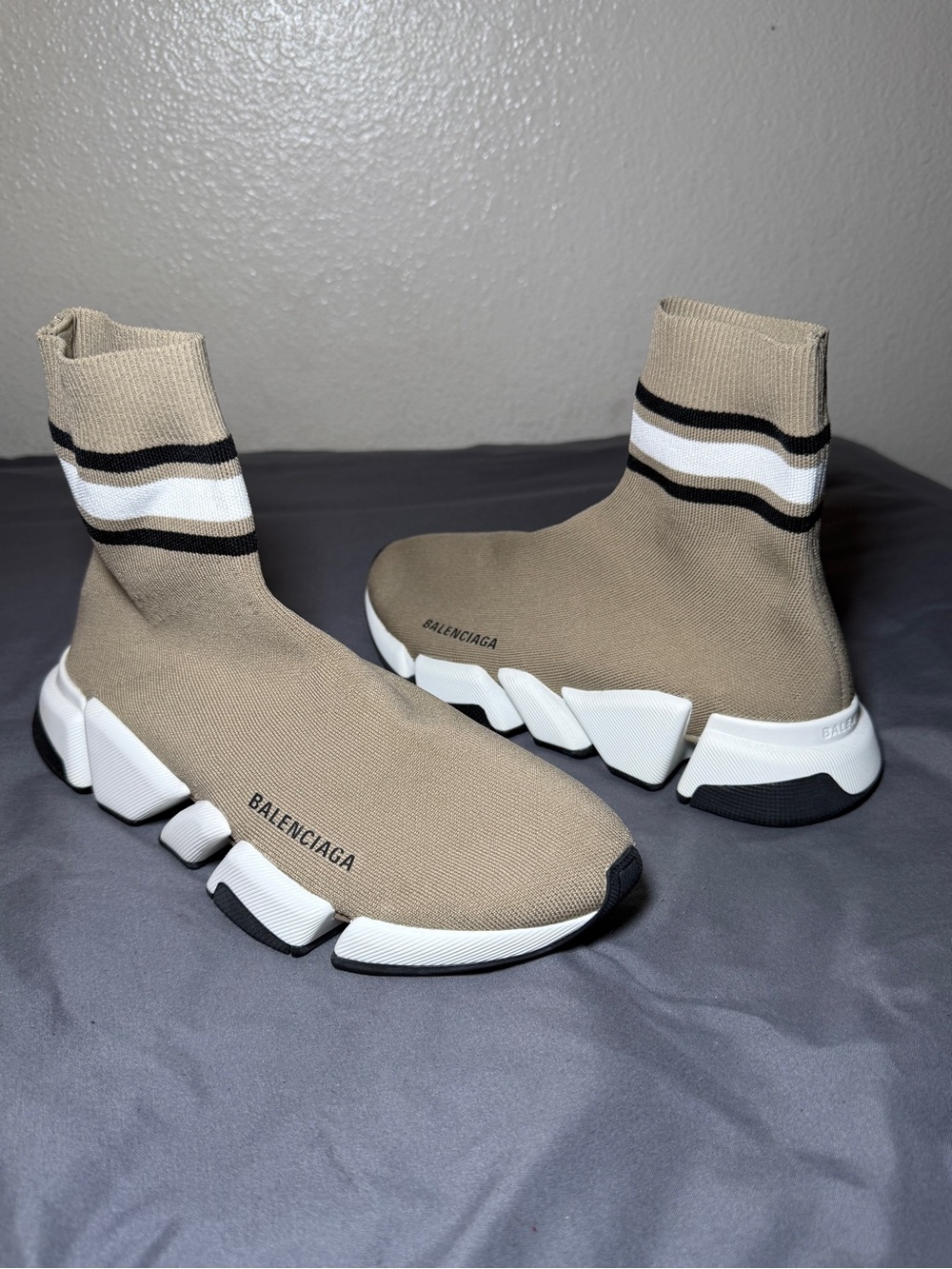 Balenciaga Tan Sock Runner Sneakers with White & Black Stripes